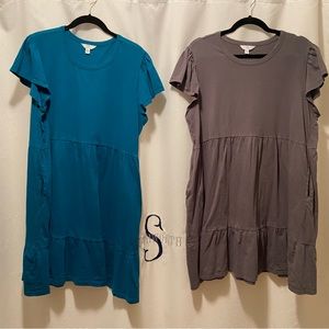 Time and Tru XL Lot of 2 Gray Teal Tiered Pockets Short Sleeve Knee Length